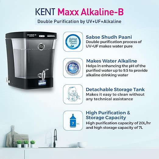 KENT Maxx Alkaline-B UV + UF + Alkaline Water Purifier  (Black)
