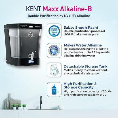 KENT Maxx Alkaline-B UV + UF + Alkaline Water Purifier  (Black)